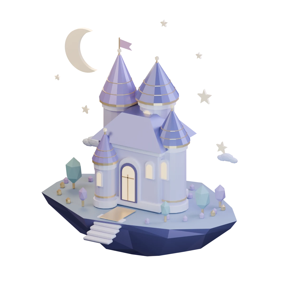 Un pequeño castillo de cuento, con torres lilas, flota entre una luna dorada y estrellas.